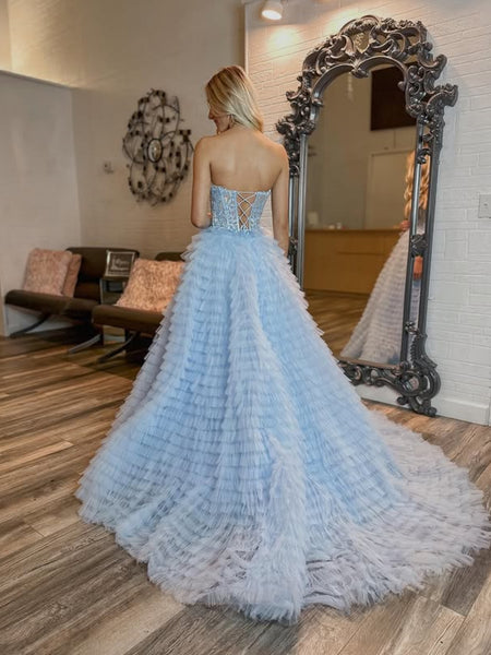 Strapless Yellow/Blue Lace Long Prom Dresses, Open Back Yellow/Blue Formal Dresses, Yellow/Blue Lace Evening Dresses SP2807
