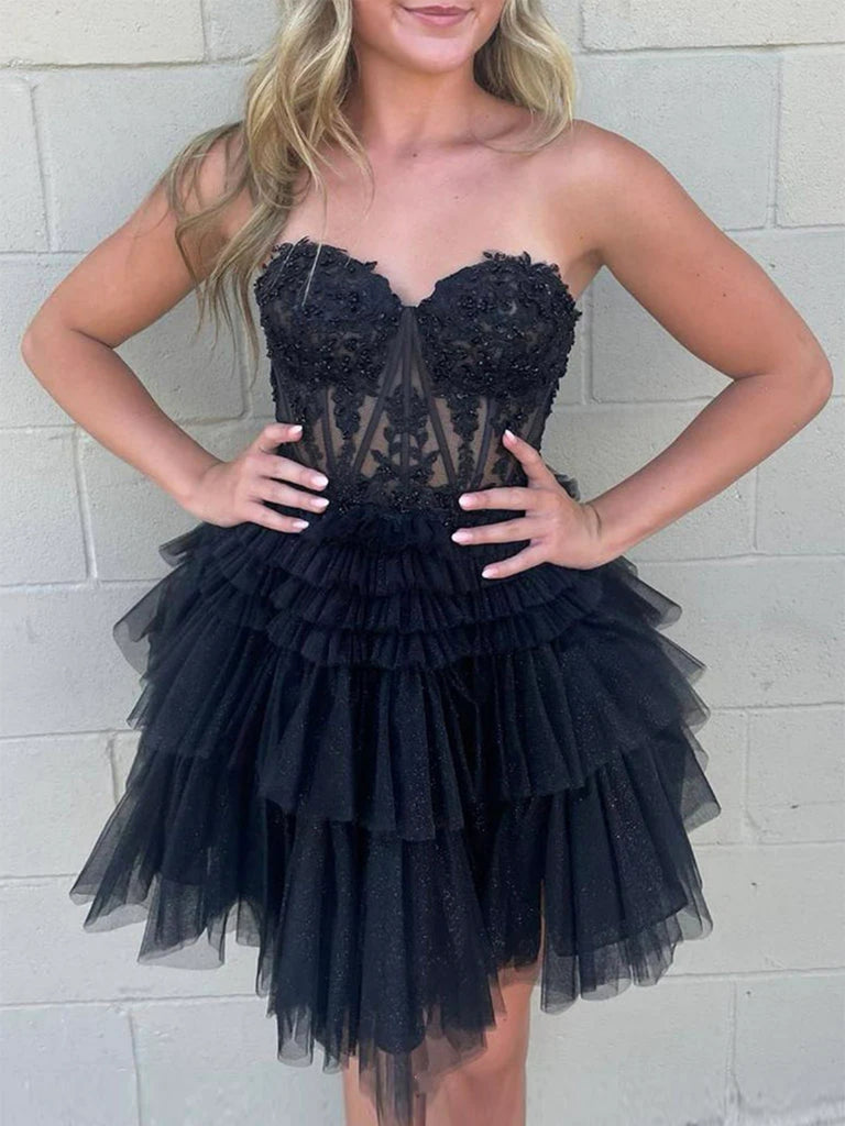 Sweetheart Neck Beaded Black Lace Prom Dresses, Black Lace Homecoming Shiny Party Sweetheart Neck Beaded Black Lace Prom Dresses, Black Lace Homecoming Shiny Party