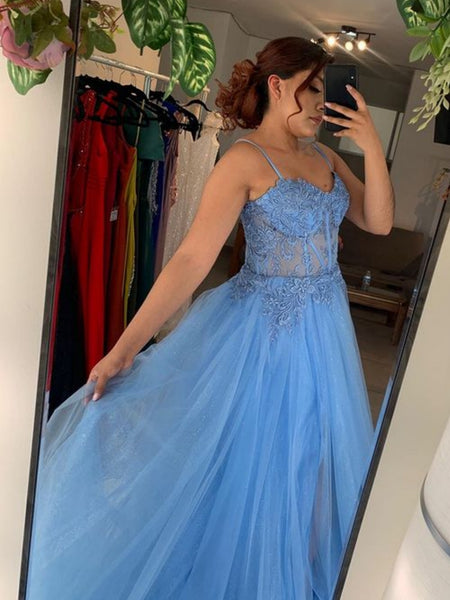 Sweetheart Neck Blue Lace Long Prom Dresses with High Slit, Blue Lace Formal Dresses, Blue Tulle Evening Dresses SP3005