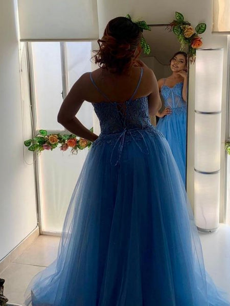 Sweetheart Neck Blue Lace Long Prom Dresses with High Slit, Blue Lace Formal Dresses, Blue Tulle Evening Dresses SP3005