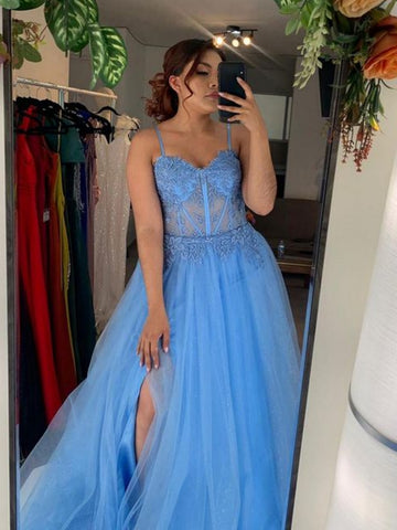 Sweetheart Neck Blue Lace Long Prom Dresses with High Slit, Blue Lace Formal Dresses, Blue Tulle Evening Dresses SP3005