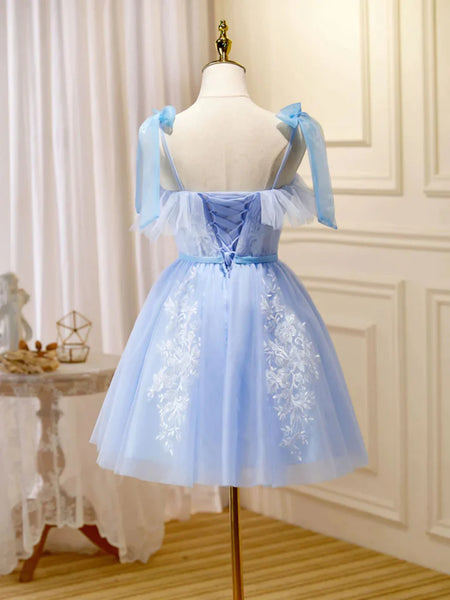 Sweetheart Neck Blue Lace Short Prom Dresses, Blue Lace Homecoming Dresses, Short Blue Formal Evening Dresses SP2694