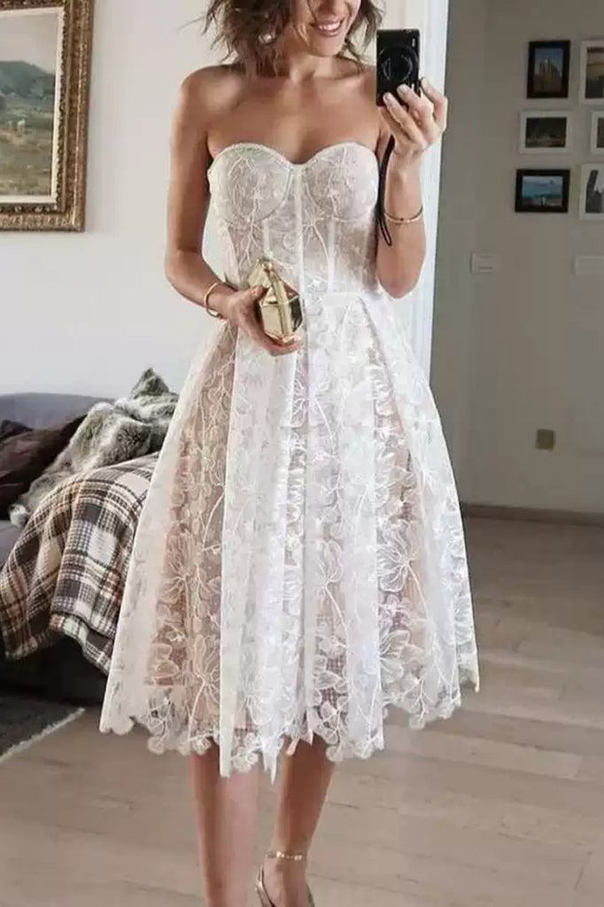 Sweetheart Neck Blue/White Lace Tea Length Prom Dresses, Strapless Blu Shiny Party Sweetheart Neck Blue/White Lace Tea Length Prom Dresses, Strapless Blu Shiny Party