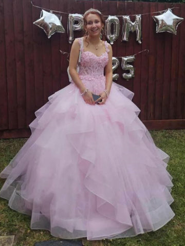 Sweetheart Neck Fluffy Pink Lace Long Prom Dresses, Pink Lace Formal Evening Dresses, Pink Ball Gown SP3293