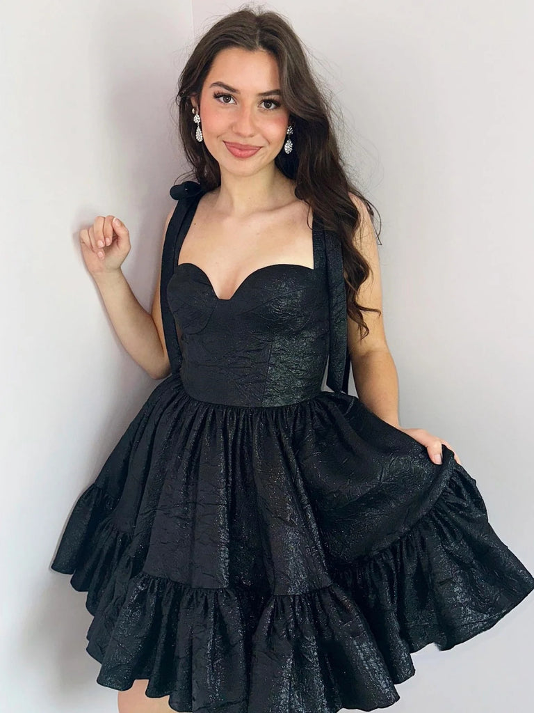 Sweetheart Neck Layered Black Short Prom Dresses, Black Homecoming Dre Shiny Party Sweetheart Neck Layered Black Short Prom Dresses, Black Homecoming Dre Shiny Party