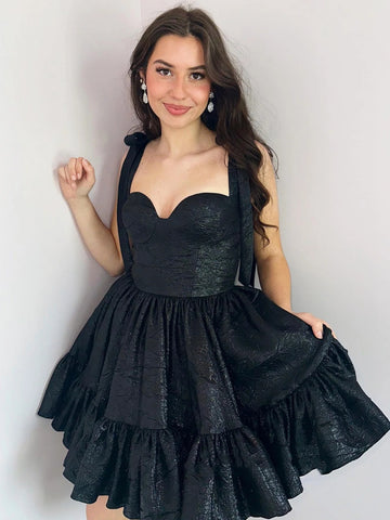 Sweetheart Neck Layered Black Short Prom Dresses, Black Homecoming Dresses SP3006