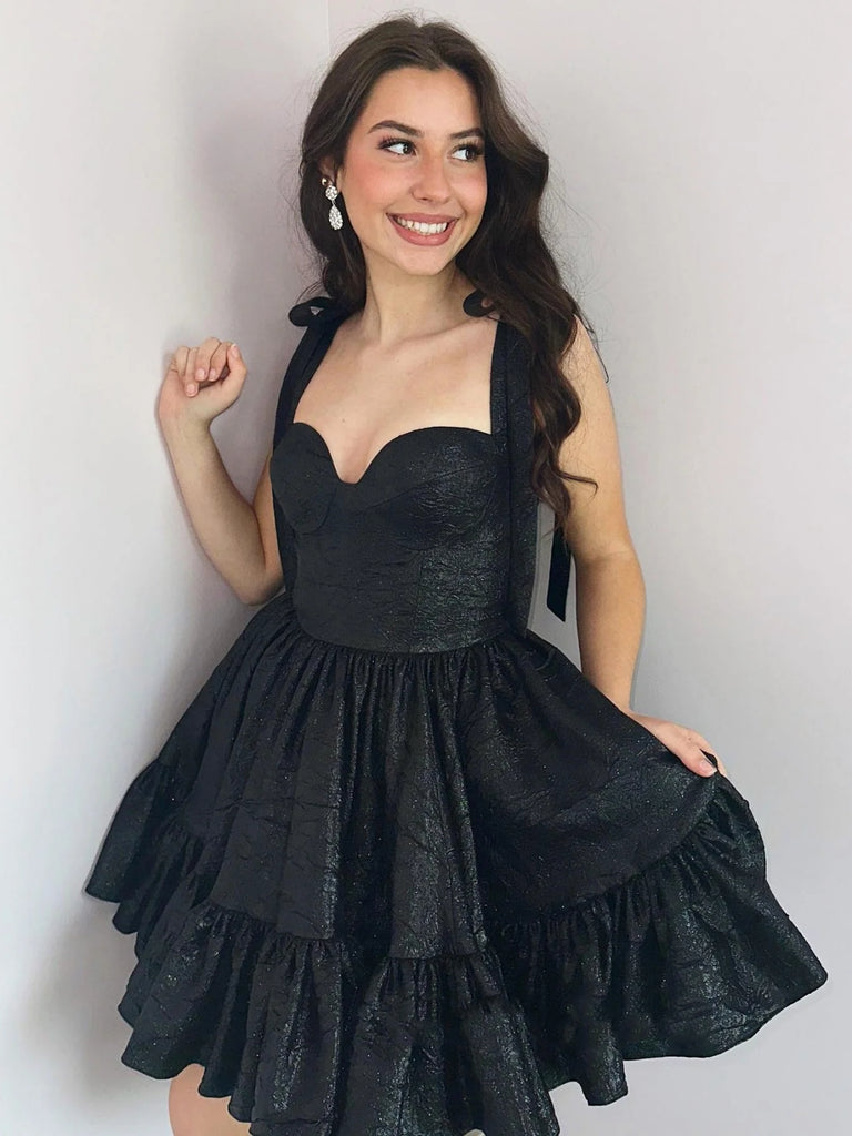 Sweetheart Neck Layered Black Short Prom Dresses, Black Homecoming Dre Shiny Party Sweetheart Neck Layered Black Short Prom Dresses, Black Homecoming Dre Shiny Party
