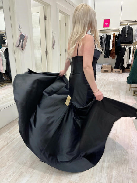 Sweetheart Neck Mermaid Black Satin Long Prom Dresses with Slit, Mermaid Black Formal Graduation Evening Dresses SP3281