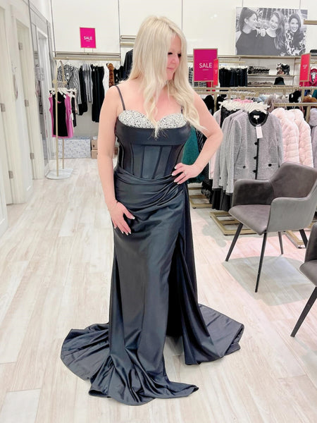 Sweetheart Neck Mermaid Black Satin Long Prom Dresses with Slit, Mermaid Black Formal Graduation Evening Dresses SP3281