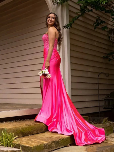 Sweetheart Neck Mermaid Hot Pink Lace Long Prom Dresses with High Slit, Hot Pink Lace Formal Dresses, Hot Pink Evening Dresses SP3227
