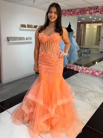 Sweetheart Neck Mermaid Orange Lace Long Prom Dresses, Mermaid Orange Formal Dresses, Orange Lace Evening Dresses SP3292
