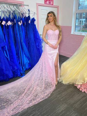 Sweetheart Neck Mermaid Pink Long Prom Dresses with Appliques, Mermaid Pink Formal Dresses, Pink Lace Evening Dresses SP3431