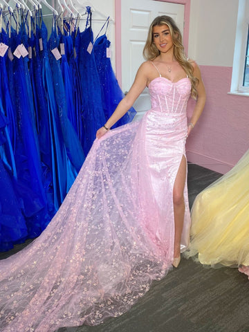 Sweetheart Neck Mermaid Pink Long Prom Dresses with Appliques, Mermaid Pink Formal Dresses, Pink Lace Evening Dresses SP3431