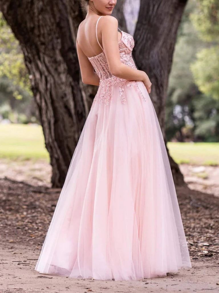 Sweetheart Neck Pink Lace Long Prom Dresses with High Slit, Pink Lace ...