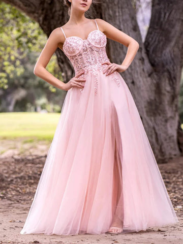 V Neck Open Back Pink Lace Long Prom Dresses, Pink Lace Formal Dresses with  High Slit, Pink Evening Dresses SP2670