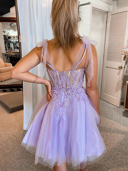 Sweetheart Neck Purple Lace Prom Dresses, Lilac Lace Homecoming Dresses, Short Purple Formal Evening Dresses SP2684