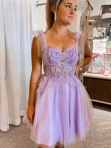 Sweetheart Neck Purple Lace Prom Dresses, Lilac Lace Homecoming Dresses, Short Purple Formal Evening Dresses SP2684