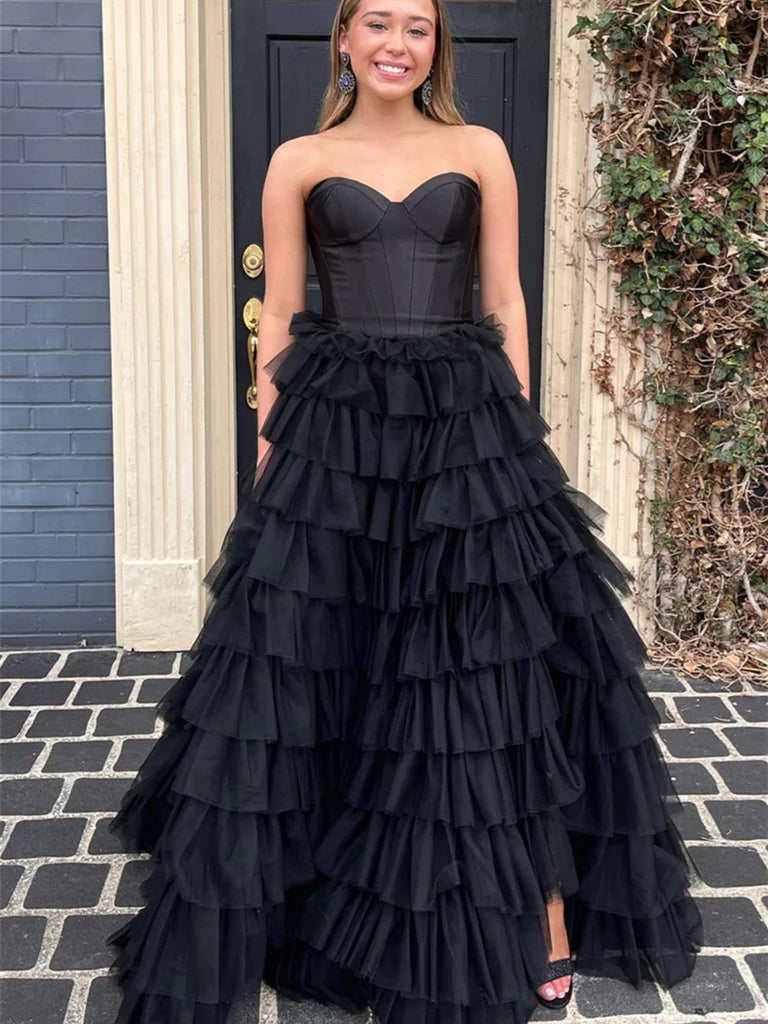 Sweetheart Neck Strapless Black Ruffle Tulle Long Prom Dresses, Black Formal Evening Dresses, Ball Gown SP2816 Sweetheart Neck Strapless Black Ruffle Tulle Long Prom Dresses, Black Formal Evening Dresses, Ball Gown SP2816