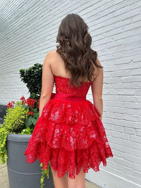 Sweetheart Neck Strapless Layered Red Lace Prom Dresses, Red Lace Homecoming Dresses, Short Red Formal Graduation Evening Dresses SP3036