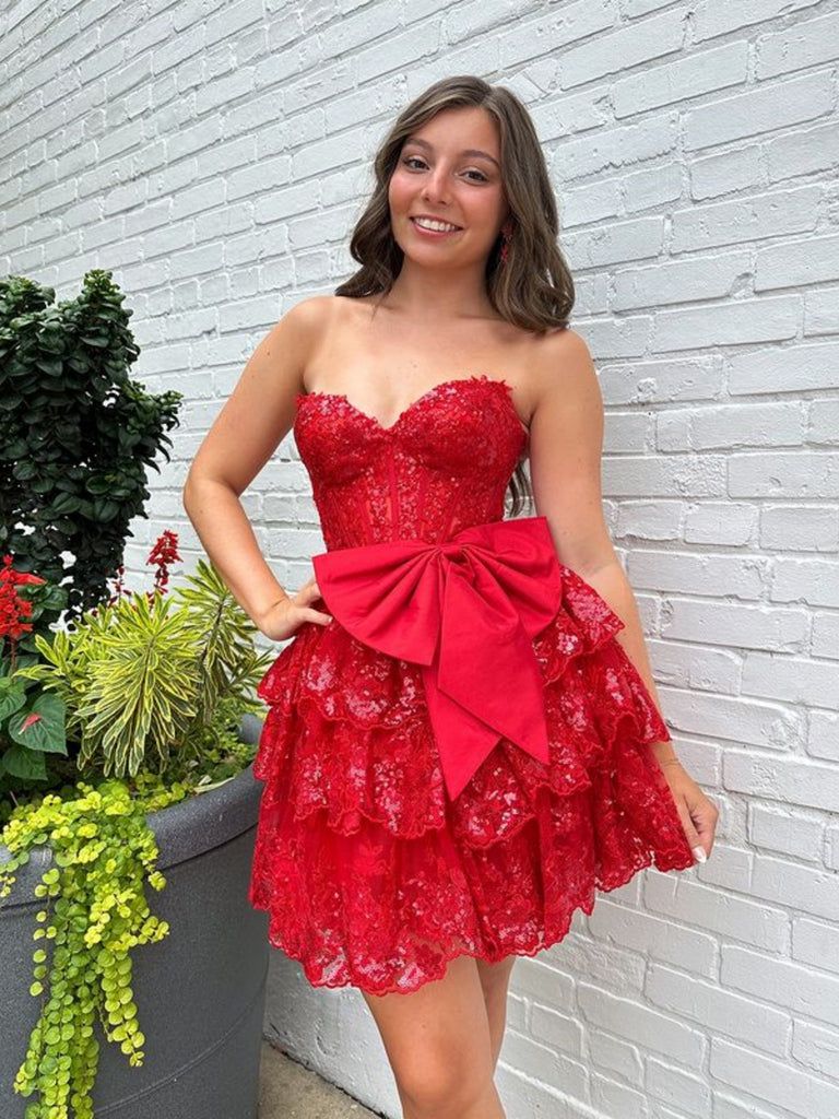 Sweetheart Neck Strapless Layered Red Lace Prom Dresses, Red Lace Homecoming Dresses, Short Red Formal Graduation Evening Dresses SP3036 Sweetheart Neck Strapless Layered Red Lace Prom Dresses, Red Lace Homecoming Dresses, Short Red Formal Graduation Evening Dresses SP3036