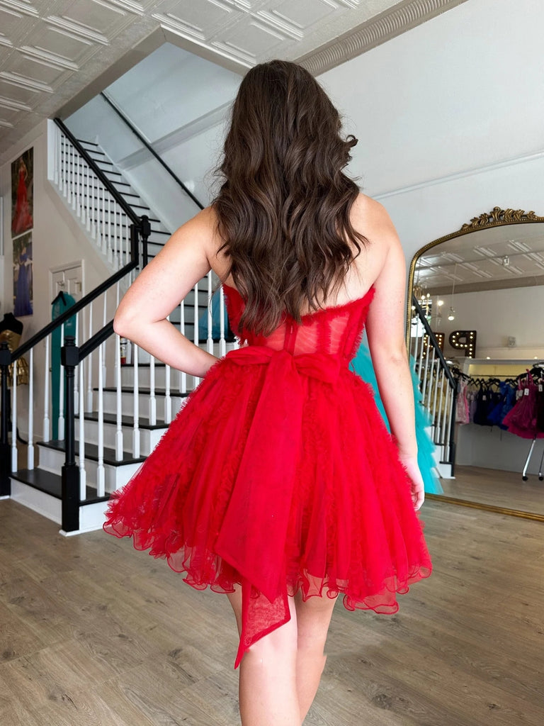 Sweetheart Neck Strapless Red Tulle Short Prom Dresses, Red Homecoming Shiny Party Sweetheart Neck Strapless Red Tulle Short Prom Dresses, Red Homecoming Shiny Party