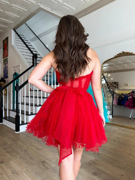 Sweetheart Neck Strapless Red Tulle Short Prom Dresses, Red Homecoming Dresses SP3010