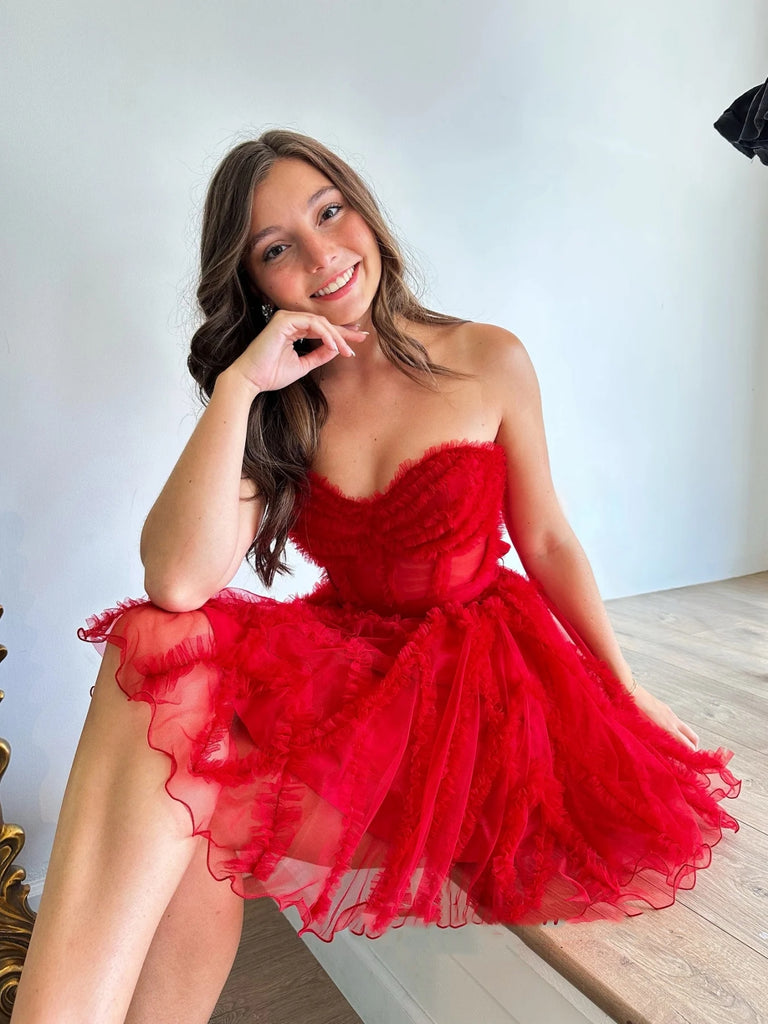 Sweetheart Neck Strapless Red Tulle Short Prom Dresses, Red Homecoming Shiny Party Sweetheart Neck Strapless Red Tulle Short Prom Dresses, Red Homecoming Shiny Party