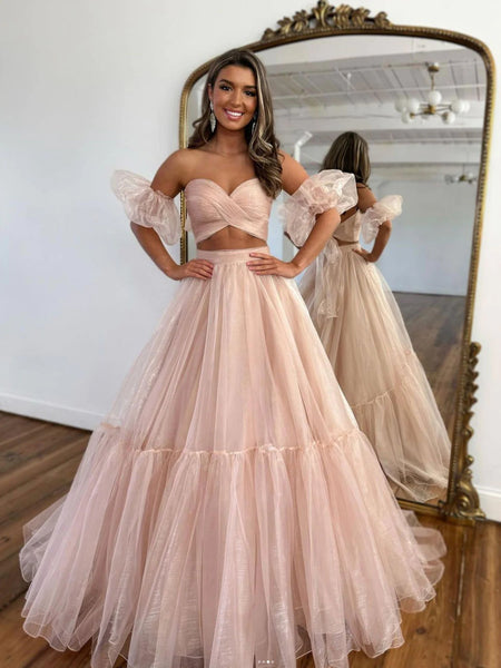Sweetheart Neck Two Pieces Pink Tulle Long Prom Dresses, Strapless Pink Formal Dresses, Long Pink Evening Dresses SP2728