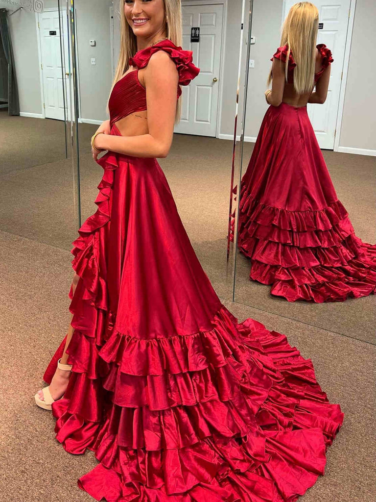 Unique V Neck Open Back Red Long Prom Dresses with High Slit, Long Red