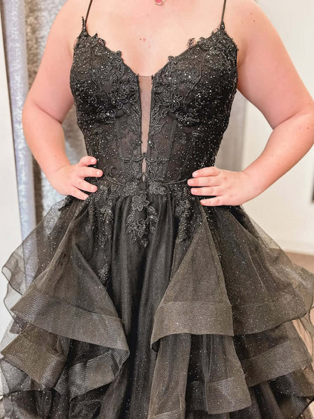 V Neck Backless Fluffy Black Lace Long Prom Dresses, Black Lace Formal Evening Dresses, Black Ball Gown SP3305