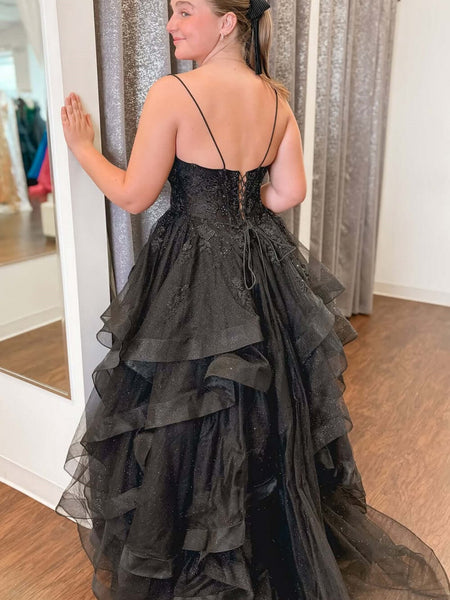 V Neck Backless Fluffy Black Lace Long Prom Dresses, Black Lace Formal Evening Dresses, Black Ball Gown SP3305