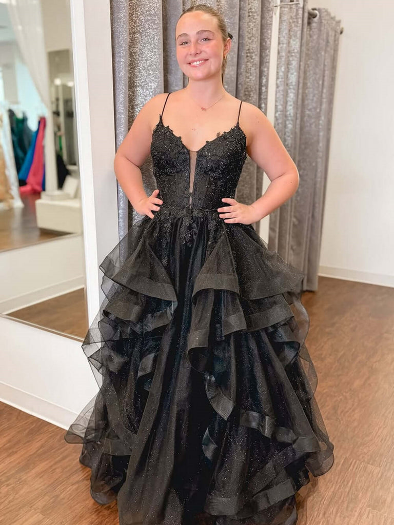 V Neck Backless Fluffy Black Lace Long Prom Dresses, Black Lace Formal Shiny Party V Neck Backless Fluffy Black Lace Long Prom Dresses, Black Lace Formal Shiny Party