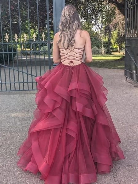 V Neck Backless Fluffy Burgundy Lace Long Prom Dresses, Burgundy Lace Formal Dresses, Burgundy Evening Dresses SP3362