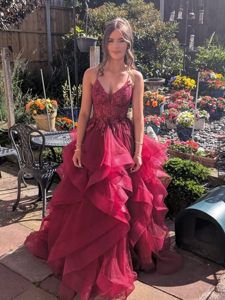 V Neck Backless Fluffy Burgundy Lace Long Prom Dresses, Burgundy Lace Formal Dresses, Burgundy Evening Dresses SP3362