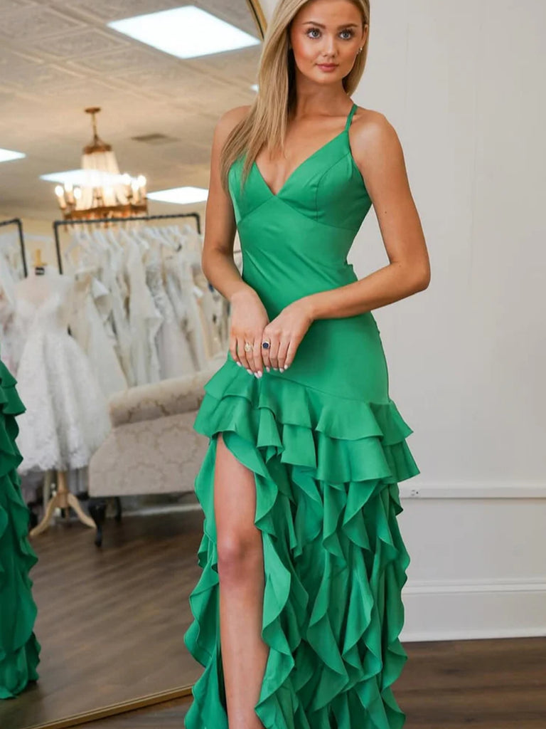 V Neck Backless High Low Ruffle Green Long Prom Dresses, High Low Gree Shiny Party V Neck Backless High Low Ruffle Green Long Prom Dresses, High Low Gree Shiny Party