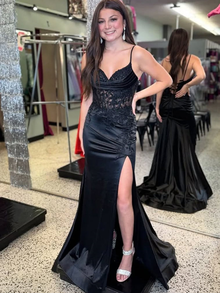 V Neck Backless Mermaid Black Lace Long Prom Dresses with Slit, Black Lace Formal Dresses, Mermaid Black Evening Dresses SP3343
