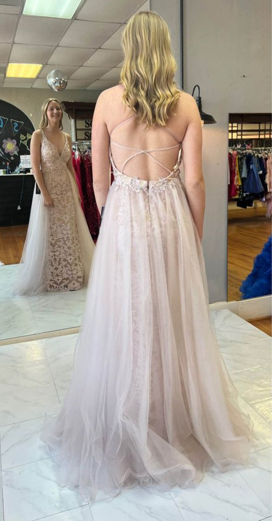 V Neck Backless Mermaid Champagne Lace Long Prom Dresses, Champagne La Shiny Party V Neck Backless Mermaid Champagne Lace Long Prom Dresses, Champagne La Shiny Party