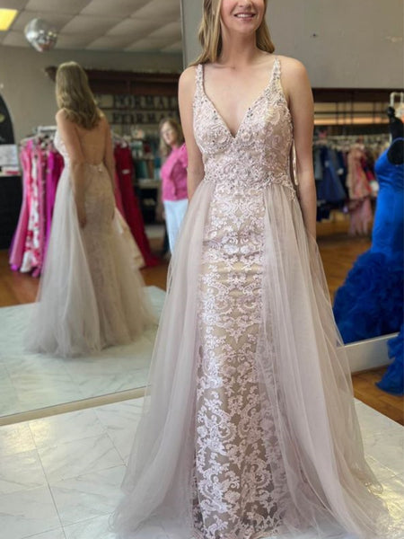 V Neck Backless Mermaid Champagne Lace Long Prom Dresses, Champagne Lace Formal Graduation Evening Dresses SP3078