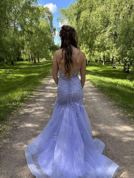 V Neck Backless Mermaid Lilac Lace Long Prom Dresses with Slit, Lilac Lace Formal Dresses, Mermaid Lilac Evening Dresses SP3378