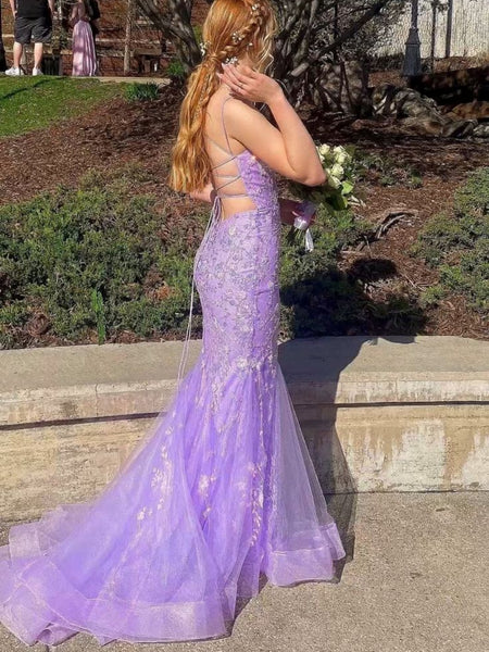 V Neck Backless Mermaid Purple Lace Long Prom Dresses, Mermaid Purple Formal Dresses, Purple Lace Evening Dresses SP2867