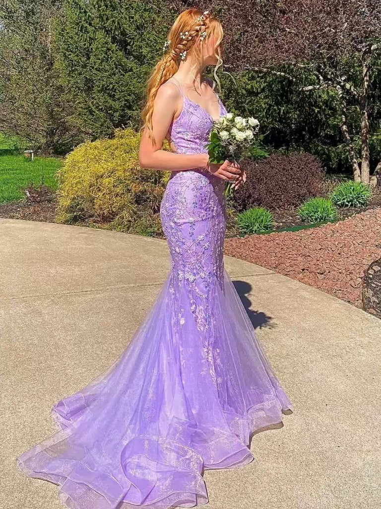 V Neck Backless Mermaid Purple Lace Long Prom Dresses, Mermaid Purple Formal Dresses, Purple Lace Evening Dresses SP2867
