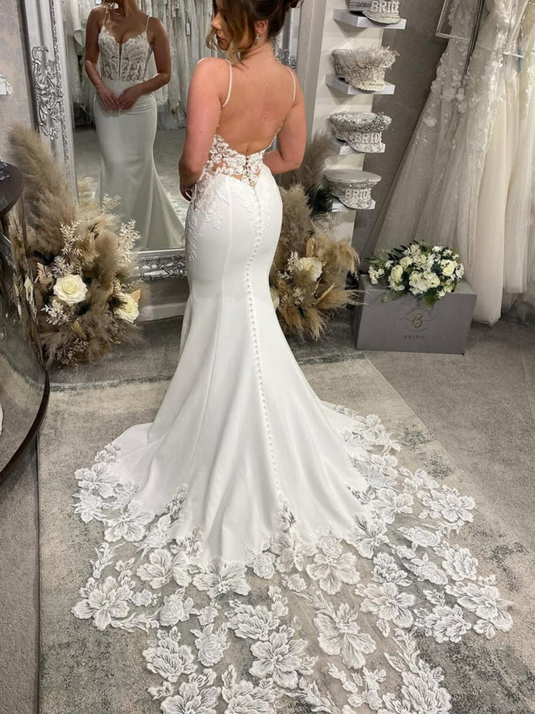 V Neck Backless Mermaid White Lace Long Prom Dresses with Train, White Shiny Party V Neck Backless Mermaid White Lace Long Prom Dresses with Train, White Shiny Party