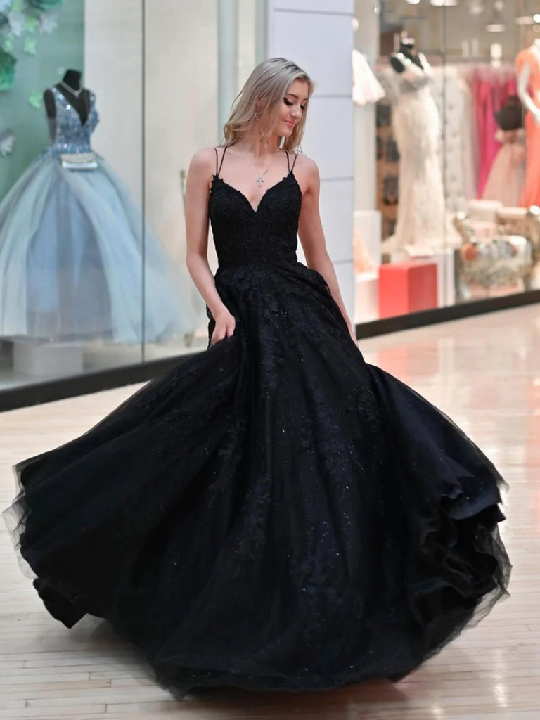 Shiny Off Shoulder Black Lace Long Prom Dresses, Black Lace Formal Dresses,  Black Evening Dresses SP2635
