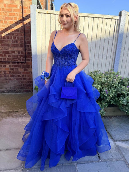 V Neck Blue Lace Long Prom Dresses, Blue Lace Formal Dresses, Blue Evening Dresses SP3505