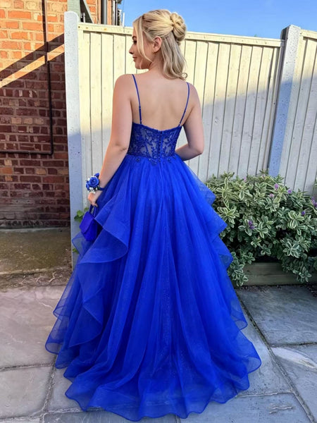V Neck Blue Lace Long Prom Dresses, Blue Lace Formal Dresses, Blue Evening Dresses SP3505