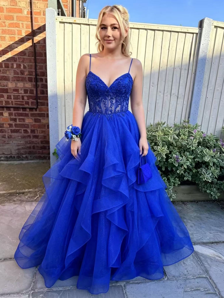 V Neck Blue Lace Long Prom Dresses, Blue Lace Formal Dresses, Blue Evening Dresses SP3505