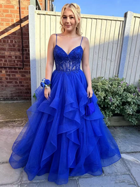 V Neck Blue Lace Long Prom Dresses, Blue Lace Formal Dresses, Blue Evening Dresses SP3505