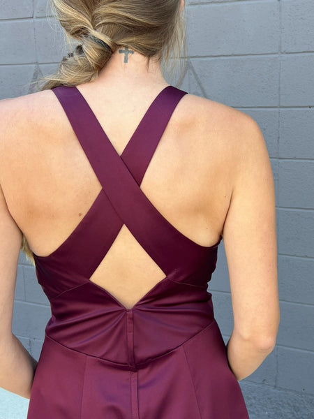 V Neck Burgundy Satin Long Prom Dresses with Slit, Burgundy Formal Graduation Evening Dresses SP3451