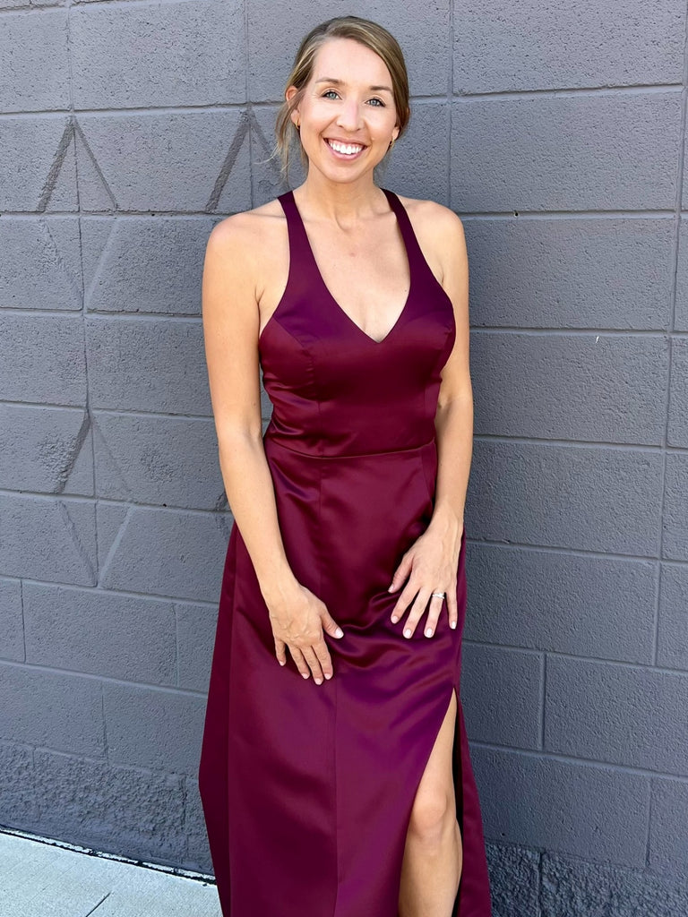 V Neck Burgundy Satin Long Prom Dresses with Slit, Burgundy Formal Graduation Evening Dresses SP3451