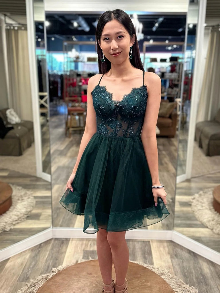 V Neck Dark Green Lace Short Prom Dresses, Green Lace Homecoming Dress Shiny Party V Neck Dark Green Lace Short Prom Dresses, Green Lace Homecoming Dress Shiny Party